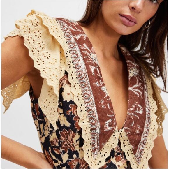 Free People Bali Antoinette Corduroy Mini Dress M Peter Pan Collar Boho Chic - Picture 9 of 14